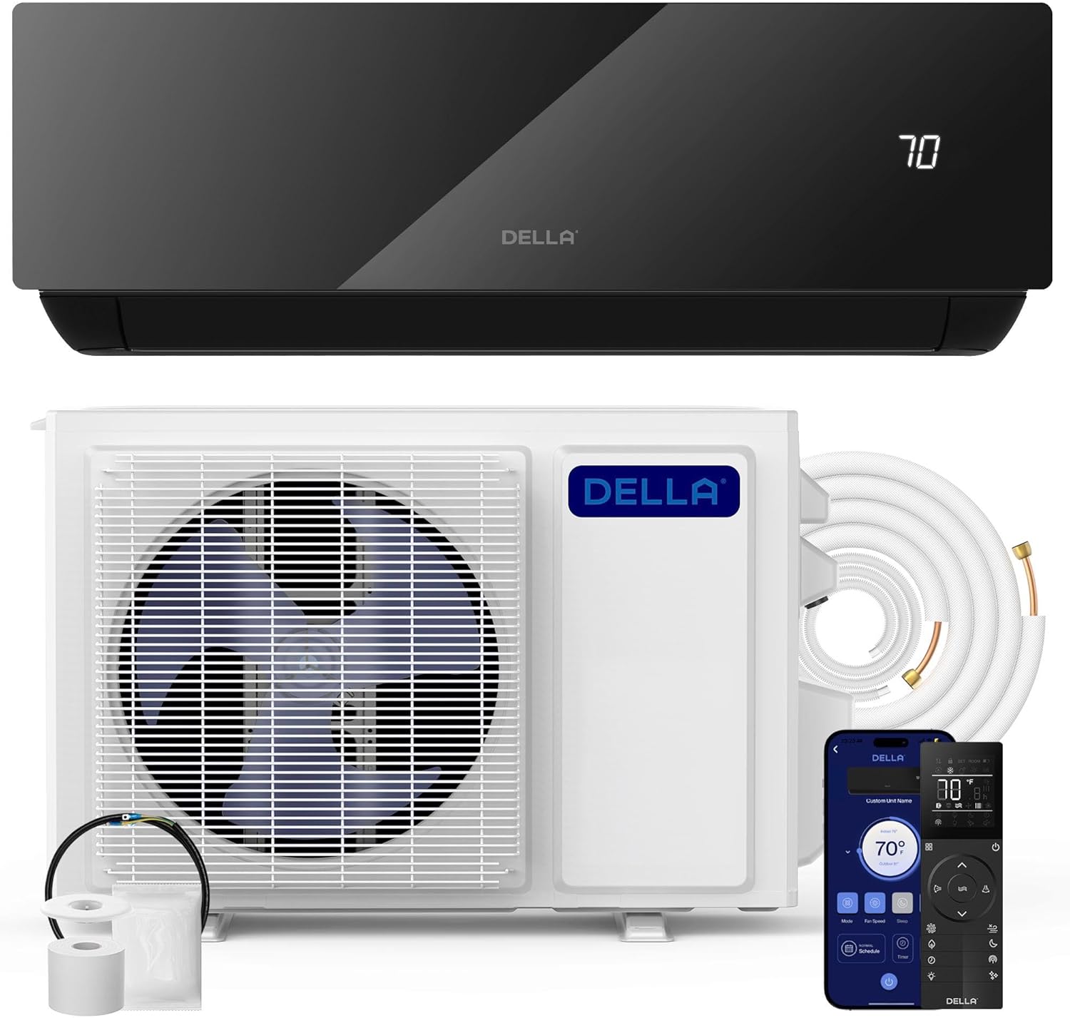 DELLA Umbra 9100 BTU Mini Split Air Conditioner, 19 SEER2 230V, Energy Efficient, Cools Up to 400 Sq.Ft, 0.76 Ton Heat Pump, Work with Alexa and Wifi, Ductless Inverter System, Pre-Charged,1