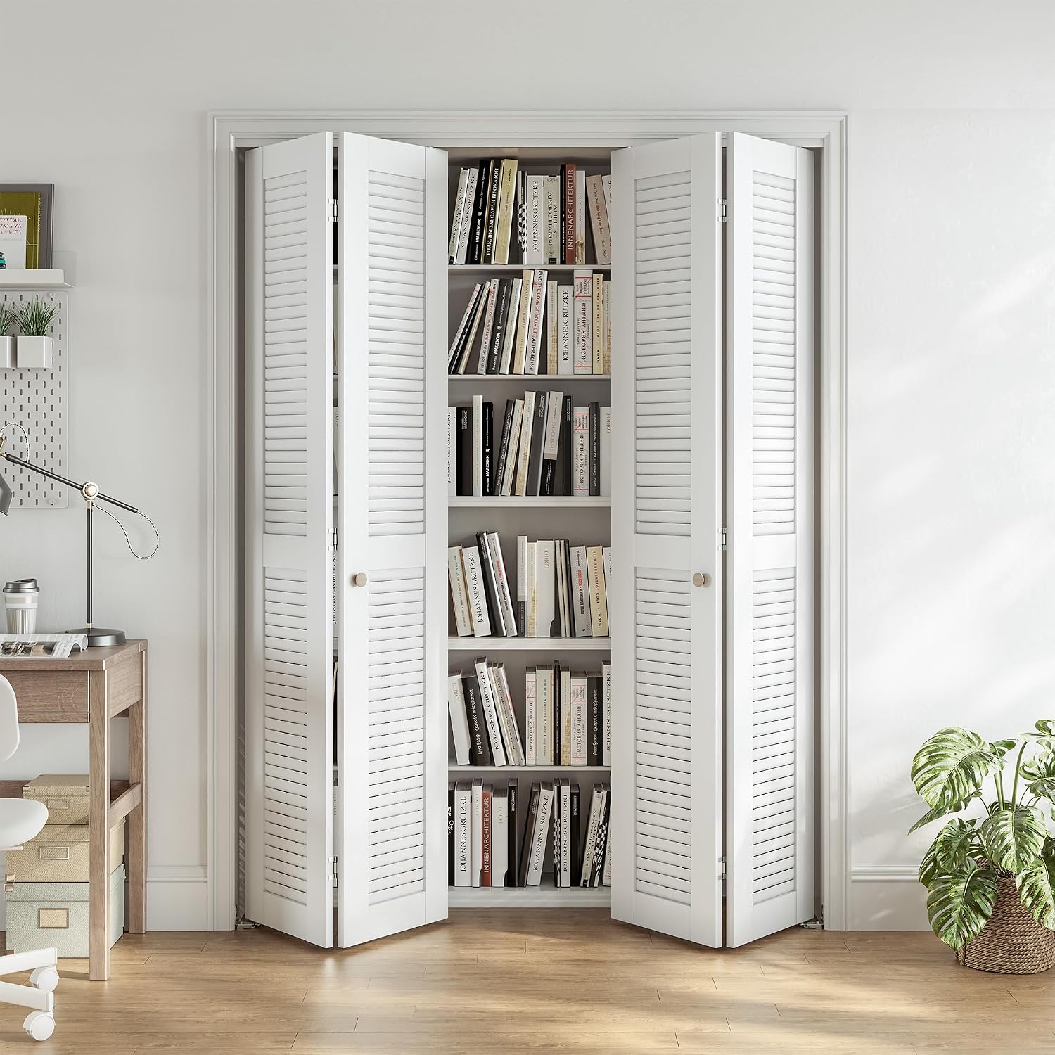 SMARTSTANDARD 60" x 80" Louvered Bifold Closet Door, MDF, White | Pre-Assembled Folding Doors with Hardware Kit, Easy Installation for Bedroom Pantry, Water-Proof PVC Surface, Space-Saving