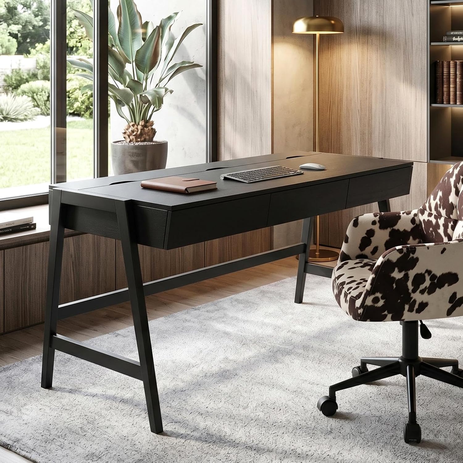 HNY 59 Inches Black Wooden Writing Desk with 3 Drawers, Computer Study Table with MDF Top, Solid Rubberwood Legs and Hidden Cable Management Holes, Corner Makeup Vanity Desk for Home Office,