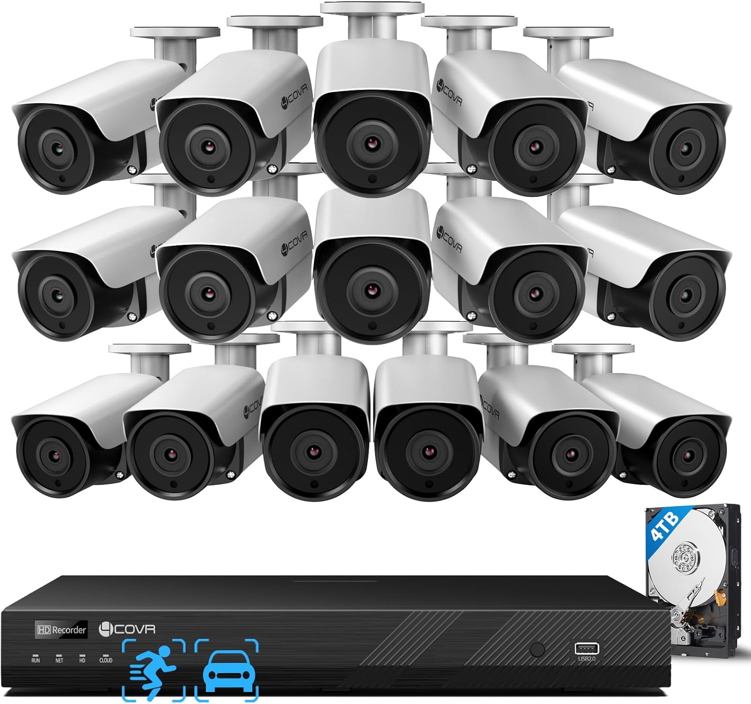 4COVR Security Camera System 16 Channel for Business, 4TB HDD, LY37EX8M1616 | 16CH 4K NVR, AI Human Vehicle Detection, 16x 8MP Commercial IP67 IP Bullet PoE Cameras, Night Vision, 24/7 Recor