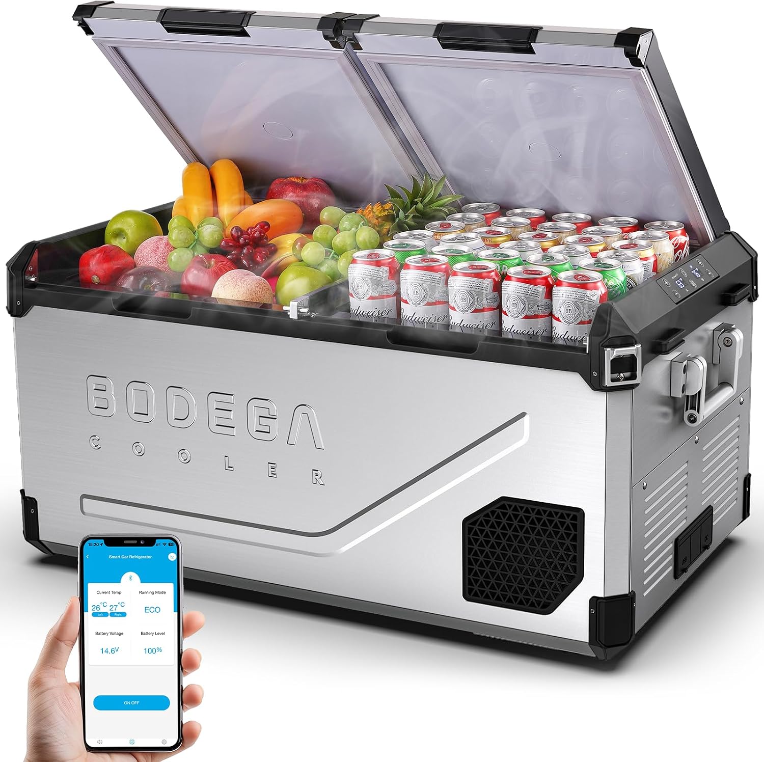 BODEGA 12V Car Refrigerator 100QT Dual Zone Car Fridge | APP Control, Stainless Steel , -4℉~68℉, Compressor cooling; RV, Camping, Outdoor, Travel, Road Trip; 1-Year Warranty
