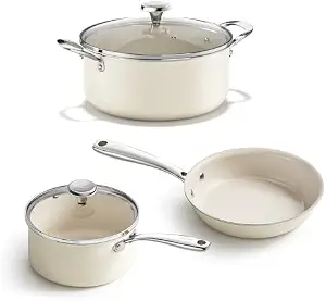 Redchef Nonstick Mini Cookware Set, 8"Ceramic Fry Pan 2.5Qt Sauce Pan with Lid, 5 QT Ceramic Stock Pot with Lid,Stay-Cool Handles, Compatible All Stovetops, PFAS PFOA & PTFE Free (Beige)