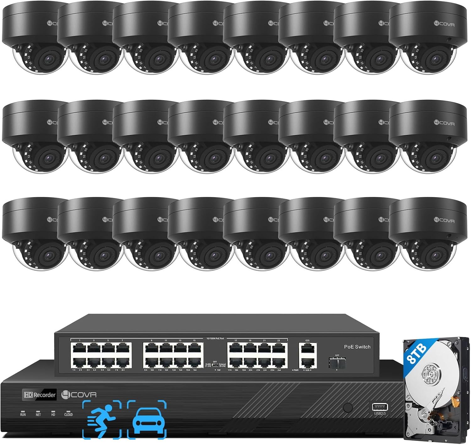 4COVR 4K PoE 32 Channel Security Camera System with 8TB HDD, LY54AB8M3224 | AI Human Vehicle Detection, 24Pcs 8MP IK10 Vandal-Proof Dome IP Camera IP67 Mic, 4K UHD NVR, Commercial Surveillan