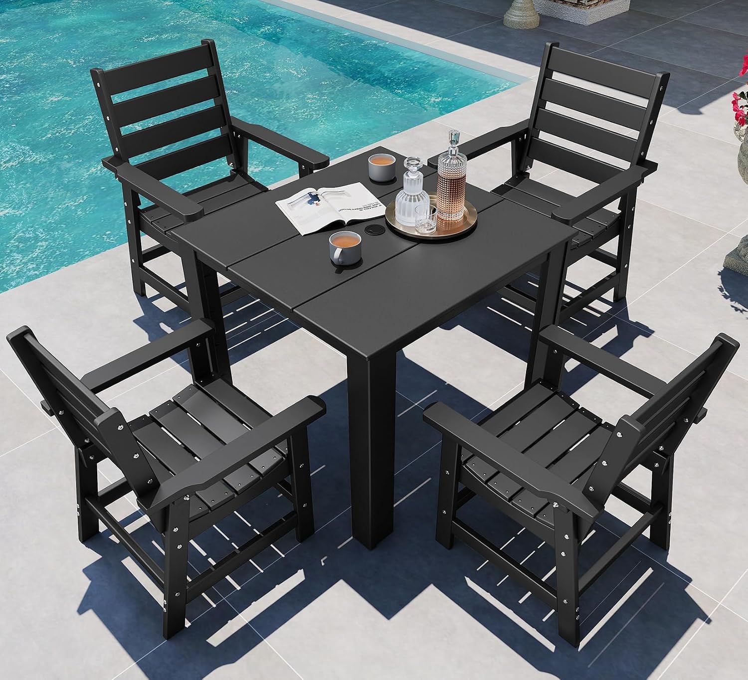 GREENVINES 5-piece Patio Dining Set, HDPE Square Table & 4 Chairs, Black | Heavy Duty Outdoor Furniture | All Weather | w/ Umbrella Hole | Waterproof | Low Maintenance for Deck Garden & Back